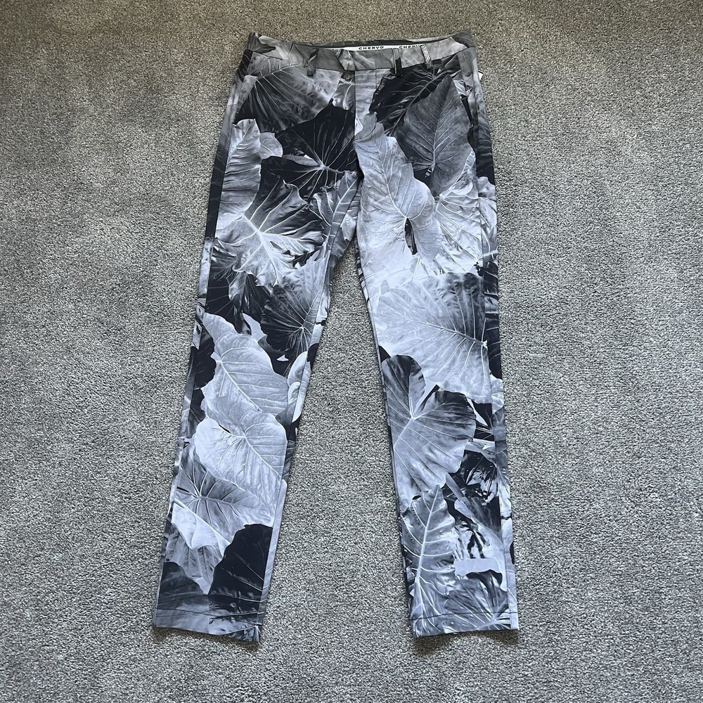 Chervo Men's Golf Pants Black And White Leaf Pattern 34 Waist